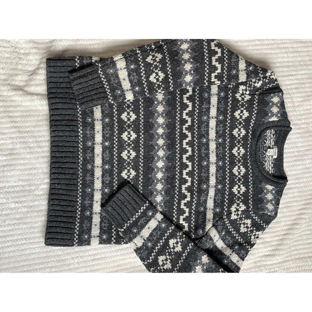 LL Bean Mens Lambswool Fair Isle Sweater Grey Charcoal Nordic Crewneck Small